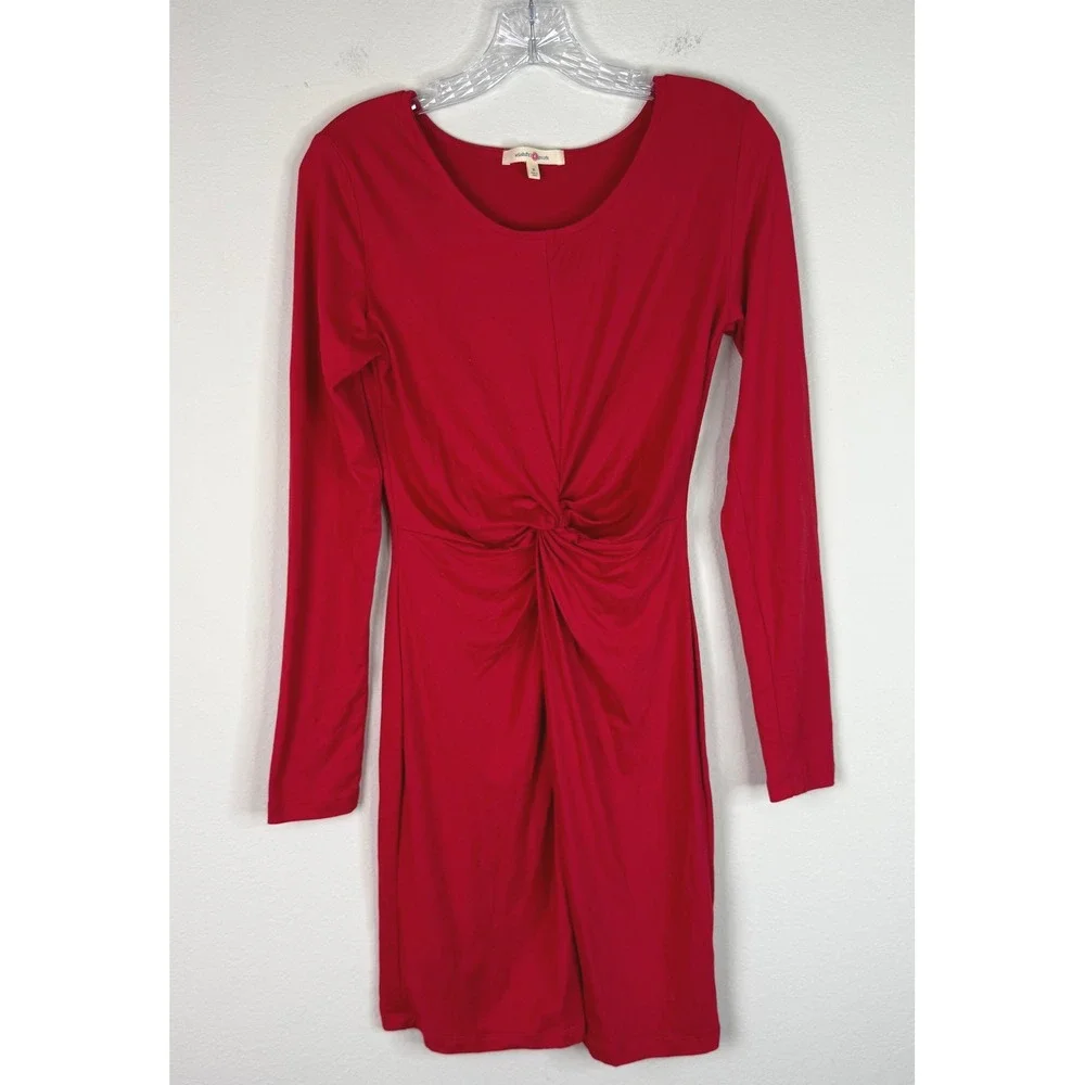 Wishful Park Dress Womens M Red Long Sleeve Twist Knot Waist Stretch Mini Dress